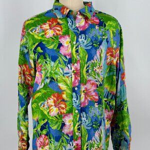 Lauren Ralph Lauren Tropical Floral Button Up Shirt | Linen Blend Blouse | L